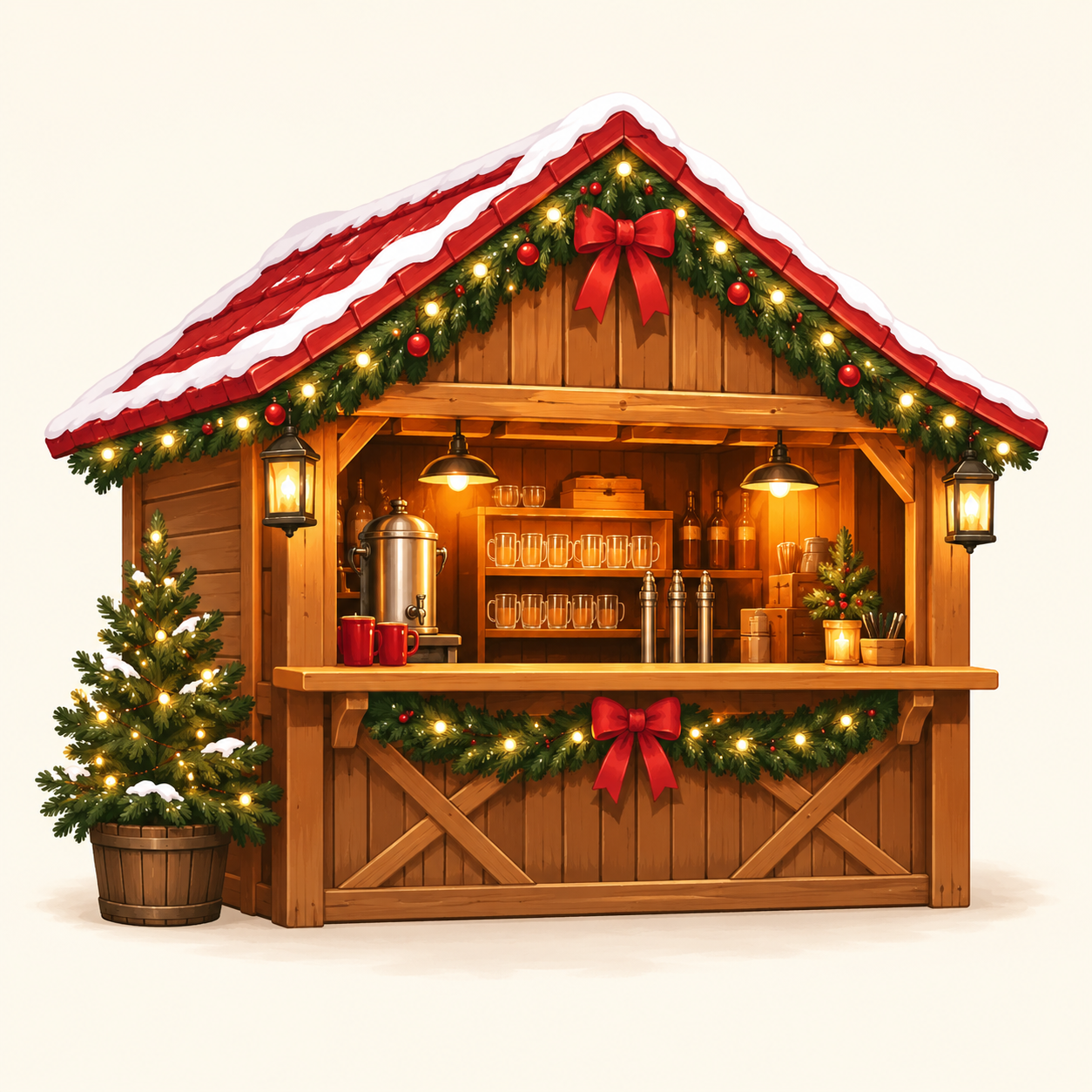 Illustration of a festive Alpine market hut